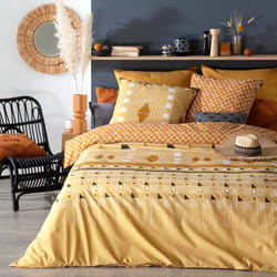 Parure de lit imprimée "Kacang", percale, jaune ocre, 240x220 cm