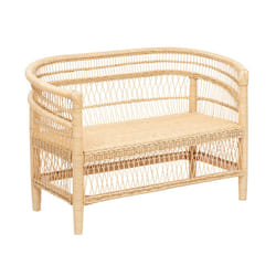 Banquette beige en rotin et acajou "Malevio"