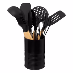 Lot de 7 Ustensiles avec Pot Acacia 30cm Noir