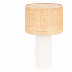 Ajoutez une touche d'élégance contemporaine à votre intérieur avec la lampe cylindre Tylia en céramique et cannage de la marq ...