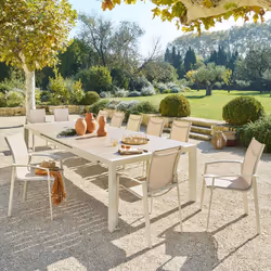 Table de jardin extensible Évasion effet bois lin & argile 14 places lates en aluminium - Hespéride