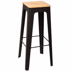 Description générale Tabouret de bar 'Loga' au design industriel alliant métal noir et assise en bois de pin. Parfait pour ap ...