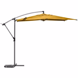 Protégez vous du soleil avec le parasol décentré toile ronde Manoa en coloris jaune moutarde de la marque Hespéride. Les dall ...