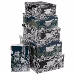 Lot de 6 Boîtes de Rangement Black Floral 48cm Noir & Vert