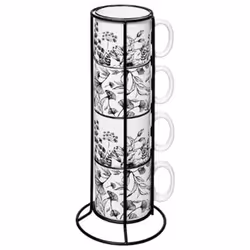 Mugs - PARIS PRIX - White Floral - Lot de 4 - Porcelaine - Rack Inclus