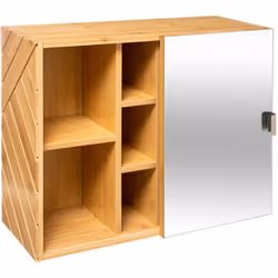 Cabinet miroir tout en bois avec côtés en bambou naturel. Le miroir servant de porte coulisse afin d'accéder aux différents e ...