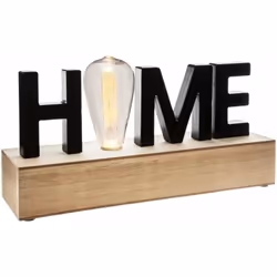Décoration lumineuse à poser représentant le mot "Home". L'ampoule est placée à la place de la lettre O. Support en bois MDF. ...