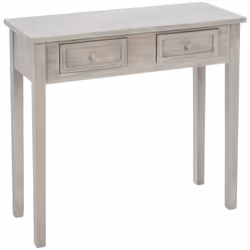 Description générale Cette console en bois à deux tiroirs, au style vintage et à l'effet blanchi, est un meuble élégant qui s ...
