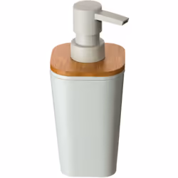 Elégant distributeur de savon à pression en coloris blanc ou noir avec une partie en bambou. Ce produit est de forme cylindri ...