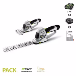 Cisaille électrique EGO CHT2001E sur batterie pour gazon et arbustes. Cette cisaille à main d'un poids de 1,1kg avec la batte ...
