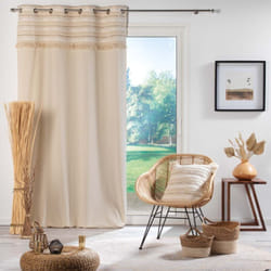 Rideau Tamisant à Œillets 140 x 240 cm – 100 % Coton Uni + Top Tissé à Franges – Atlas Naturel