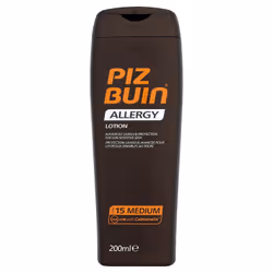 Piz Buin Allergy, Lotion d’écran solaire, Corps, Bouteille, Hydratant, Protection, Peau sensible, 200 ml
