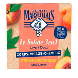 Le petit Marseillais Le Solide 3 en 1 Lavant Doux – Pêche Nectarine, Peau et cheveux, Savon en pain, Pêche, Carré, Pêche, Sod ...