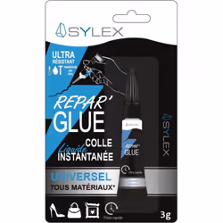 Colle instantanée universelle Répar'Glue Liquide de Sylex. Cette colle en tube de 3g répare et fixe quasiment tous les matéri ...