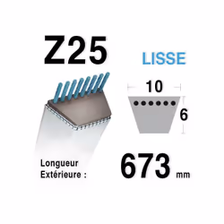 Courroie trapézoïdale lisse série Z (section 10x6mm) Longueur ext: 668mm. Référence courroie d'origine CP047725 pour tondeuse ...