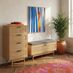 Chiffonnier 4 tiroirs avec cannage naturel - Décor imitation bois - L 50 x P 395 x H 95cm - AMANA