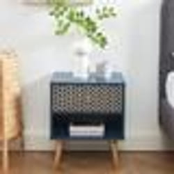 Table de chevet CAPUCINE  bleu pétrole et effet chêne 40cm