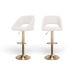 Lot de 2 tabourets de bar LENNY en tissu bouclette blanc piètement en métal doré