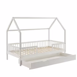 Lit cabane avec barrières - BAÏTA - Gamme TINY - pin massif blanc - 90 x 190cm - sommier + tiroir inclus