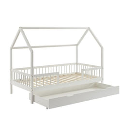Lit cabane avec barrières - BAÏTA - Gamme TINY - pin massif blanc - 90 x 190cm - sommier + tiroir inclus