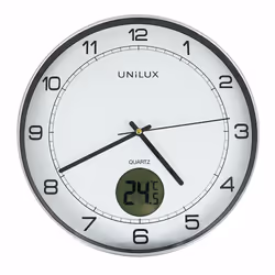 Unilux 400094592, Mur, Horloge à quartz, Rond, Métallique, Argent, Acrylonitrile-Butadiène-Styrène (ABS), Verre