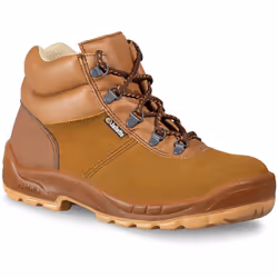 Chaussure de sécurité montante de type brodequin, coloris marron. Spécial BTP. Tige en cuir pleine fleur hydrofuge montée sur ...