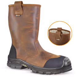 Botte de sécurité, style outdoor. Coloris marron / noir. Hauteur de la tige 25 cm (pointure 42). Renfort de protection anti a ...