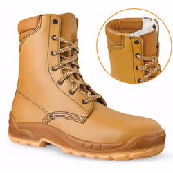 Chaussure de sécurité montante de type rangers, coloris naturel. Hauteur de la tige 19,5 cm (pointure 42). Tige en cuir plein ...