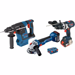 Ce pack se compose d'une perceuse-visseuse GSR 18V-110, d'un perforateur GBH 18V-26, d'une meuleuse angulaire GWS 18V-10, de ...