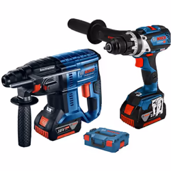 Ce pack se compose d'une perceuse-visseuse GSR 18V-110, d'un marteau perforateur GBH 18V-21, de deux batteries 5 Ah, d'un cha ...
