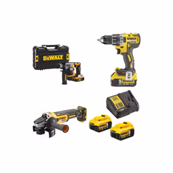 Ce kit Dewalt regroupe trois outils essentiels : une perceuse-visseuse DCD791, une meuleuse d'angle de 125 mm DCG405 et un pe ...