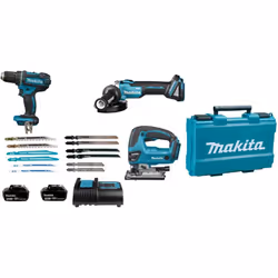 Ce pack Makita de 3 outils de 18V réunit une perceuse visseuse, une scie sauteuse et une meuleuse, offrant une solution compl ...
