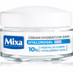 La crème de jour hydratation intense à l’acide hyaluronique Mixa Hyalurogel hydrate parfaitement la peau sensible et la laiss ...