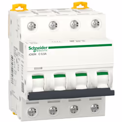 Disjoncteur tétrapolaire 0,5A Courbe C Schneider IC60N Ce disjoncteur 4P de calibre 0,5A est équipé de bornes à vis d'une cap ...