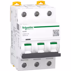 Disjoncteur 3P 16A courbe C - Schneider A9F84316 Ce disjoncteur triphasé de calibre 16A est équipé de bornes à vis d'une capa ...