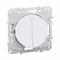 Description générale Interrupteur double va-et-vient Odace de Schneider Electric, couleur blanc (RAL 9003) avec finition bril ...
