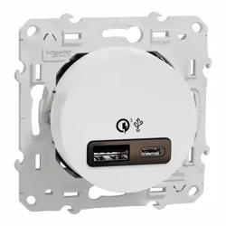 Description générale Prise USB double Odace, conçue par Schneider Electric, permettant une charge rapide grâce à ses ports de ...