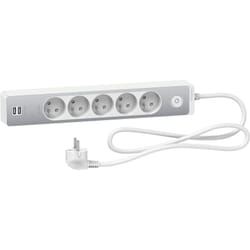 Schneider Electric - Bloc multiprises 5 Prises 2P+T et 2 usb (câble 1,5m) - Blanc et Aluminium - Schneider