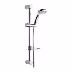 Ensemble de douche chromé Fixation murale entraxe 55,5 cm Barre de douche curseur à poignée Douchette 3 jets Ø 100 mm Flexibl ...