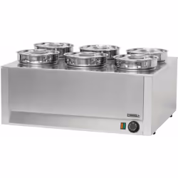 • Acier Inoxydable • Capacité cuve : 6 x 4,5 litres • Cuves et couvercles inox inclus • Chauffe à sec Thermostat de températu ...