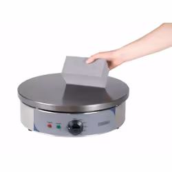 Permet d’enlever la croûte de cuisson sur les plaques usinées des crêpières. Dimensions : L 150 x P 75 x H 75 mm