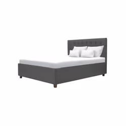 EMILY lit en tissu imitation lin avec sommier lattes en bois et coffre de rangement, coloris gris foncé