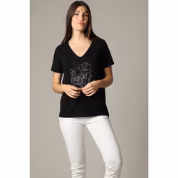 T-shirt femme motif rock à manches courtes et au col V en coton SELLAH