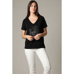 T-shirt femme motif rock à manches courtes et au col V en coton SELLAH