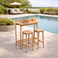 Ensemble bar de jardin - ZANZIBAR - Bois dAcacia FSC - 1 table haute 100x445xH.112 cm - 2 tabourets 35x37xH.72 cm - 2 personnes