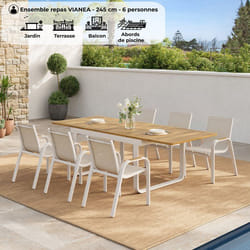Ensemble repas de jardin - VIANEA - Table extensible 155/245x100x74 cm + 6 fauteuils - Aluminium - Blanc et naturel - 6 personnes