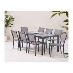 Ensemble table en aluminium avec plateau en verre trempé et 8 chaises en aluminium et textilene. Dimensions de la table : 180 ...