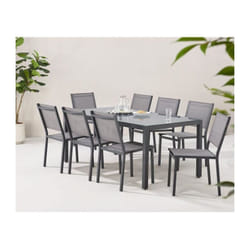 Ensemble repas de jardin : Table 180 cm + 8 chaises - Structure aluminium - Plateau verre trempé - Gris