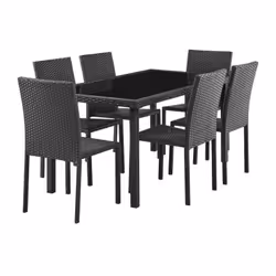Ensemble repas de jardin - table en verre trempe et 6 chaises en resine tressee noir - Table 160x80x73 cm - Chaise : 44x54x88 ...