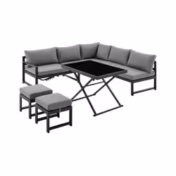 Ce salon de jardin est fabriqué en aluminium. Il se compose d'une banquette 3 places, d'une autre banquette 2 places avec cou ...